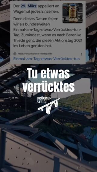 Heute ist der 29. März – der perfekte Tag, um etwas Verrücktes zu tun! 💥 Bist du bereit für die Herausforderung? Wage dich in 100 Metern Höhe über den Schwebebalken des Brückensteigs und erlebe das Abenteuer deines Lebens! 🌉✨

#Brückensteig #Schwebebalken #Adrenalin #VerrücktesTun #Mut #29März #Wagemut #AbenteuerErleben #Solingen #AusflugMitAdrenalin #ActionTime
