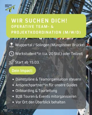 Wir suchen DICH!

Du liebst Organisation, behältst auch im Trubel den Überblick und willst hinter einem der spektakulärsten Erlebnisse der Region stehen?
Dann komm ins Team vom Brückensteig 💚

Das bringst du mit:
✨ Organisationstalent & Hands-on-Mentalität
✨ Kommunikationsstärke & Empathie
✨ Lust auf Verantwortung in einem besonderen Umfeld

Das bekommst du:
💚 Flexible Arbeitszeiten
💚 Faire Bezahlung & viel Gestaltungsspielraum
💚 Urban Sports Club Zuschuss & Teamevents
💚 Ein Arbeitsplatz, den es so kein zweites Mal gibt

Klingt nach dir?
Schick uns deinen Lebenslauf + kurze Vorstellung (gern auch Video) an info@deepwood.de